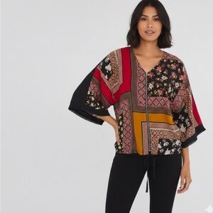 Chico’s Boho Patchwork Floral Print Zip Kimono Top Blouse 1 (M) Fringe Cuff Boho